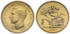 PF62* | George VI (1936-52), gold Proof Five Pounds, 1937, bare head left, initials HP below neck for Humphrey Paget, GEORGIVS VI D:G: BR: OMN: REX F:...