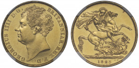 MS62 | George IV (1820-30), gold Two Pounds, 1823, bare head left, J.B.M. below truncation for engraver Jean Baptiste Merlen, abbreviated Latin legend...