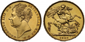 MS62 | George IV (1820-30), gold Two Pounds, 1823, bare head left, J.B.M. below truncation for engraver Jean Baptiste Merlen, abbreviated Latin legend...