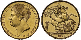 MS61 | George IV (1820-30), gold Two Pounds, 1823, bare head left, J.B.M. below truncation for engraver Jean Baptiste Merlen, abbreviated Latin legend...