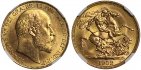 MS63 | Edward VII (1901-1910), gold Two Pounds, 1902, bare head right, De S. below truncation for engraver George W De Saulles, legend and toothed bor...