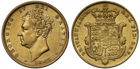 George IV (1820-30), gold Sovereign, 1827, second bare head left, date below neck, legend and toothed border surrounding, .GEORGIUS IV DEI GRATIA., re...