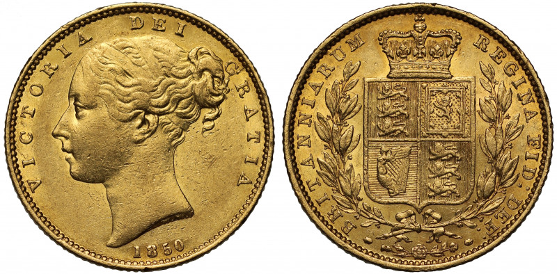 AU55 | Victoria (1837-1901), gold Sovereign, 1850, 5 struck over 8 in date, seco...