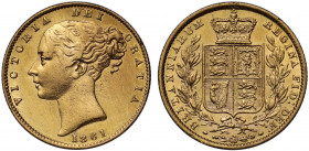 Victoria (1837-1901), gold Sovereign, 1861, second young filleted head left, W.W. incuse on truncation for engraver William Wyon, date below, Latin le...