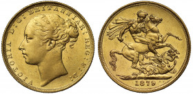 Victoria (1837-1901), gold Sovereign, 1879, London Mint, young filleted head left, WW buried on thin truncation for engraver William Wyon, date below,...