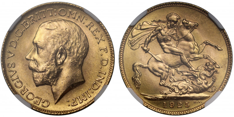 MS65+ | George V (1910-36), gold Sovereign, 1925, bare head left, B.M. on trunca...