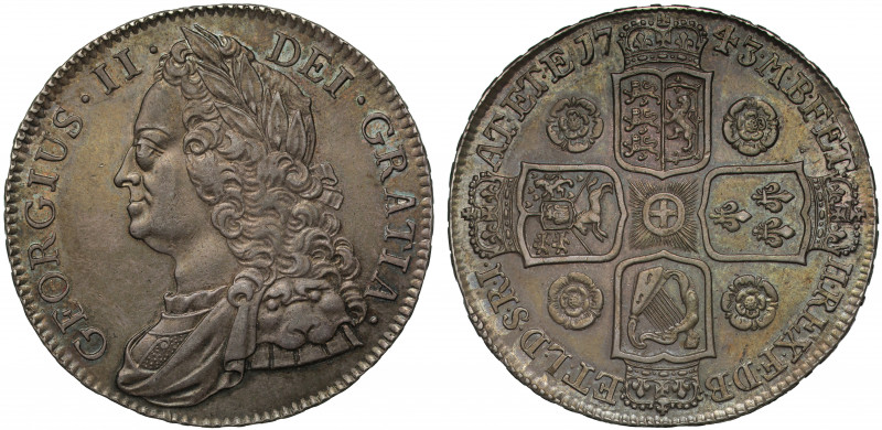 AU55 | George II (1727-60), silver Crown, 1743, older laureate and draped bust l...