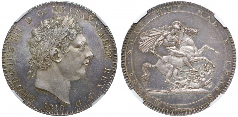 MS62 | George III (1760-1820), silver Crown, 1818 LVIII, laureate head right, en...