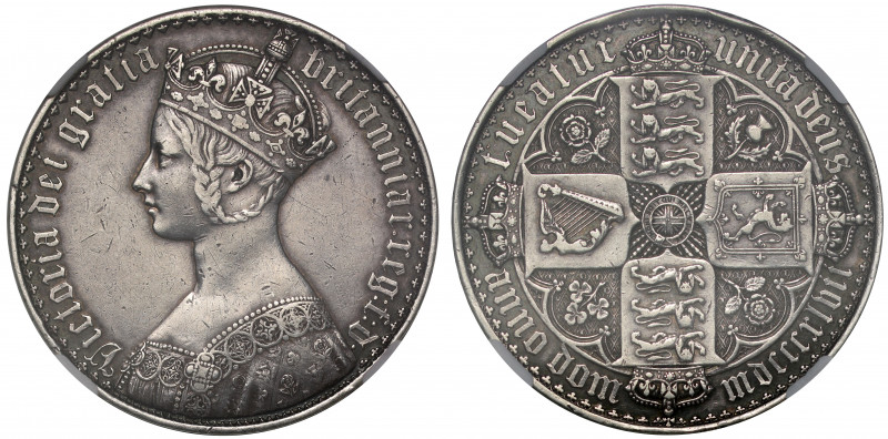 PF50 | Victoria (1837-1901), silver proof Gothic Crown, 1847, UN DECIMO edge, en...