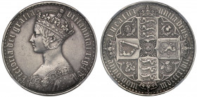 PF50 | Victoria (1837-1901), silver proof Gothic Crown, 1847, UN DECIMO edge, engraved by William Wyon, crowned gothic style bust left, small ww incus...