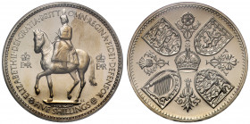 PR65 CAM | Elizabeth II (1952-), cupro-nickel proof Crown, 1953, Coronation issue, Queen on horseback left, groundline below, initials G L to right fo...