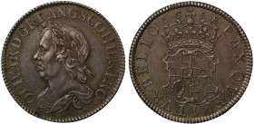 MS61 | Oliver Cromwell (d.1658), silver Shilling, 1658, laureate and draped bust left, raised die flaw at top of forehead, legend and toothed border s...