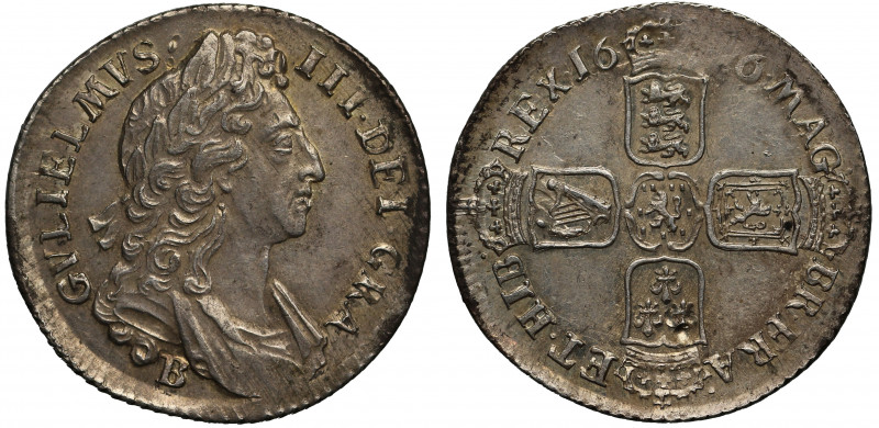 MS62 | William III (1694-1702), silver Shilling, 1696, Bristol Mint, first laure...