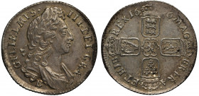 MS62 | William III (1694-1702), silver Shilling, 1696, Bristol Mint, first laureate and draped bust right, B below, legend and toothed border surround...