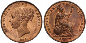 MS63 RB | Victoria (1837-1901), copper Penny, 1858, Ornamental Trident, 8 over 3 in date, young filleted head left, larger date below, W.W. incuse on ...