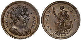 PF63 BN | William and Mary (1688-94), copper pattern Halfpenny, 1694, struck on broad flan, narrow conjoined laureate and cuirassed busts right, legen...