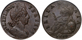 MS62 BN | William III (1694-1702), copper Halfpenny, 1699, laureate and cuirassed bust right, legend and toothed border surrounding, GVLIELMVS. TERTIV...