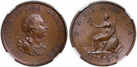 MS65 BN | George III (1760-1820), copper Halfpenny, 1799, laureate and draped bust right, Latin legend surrounding, GEORGIUS III DEI GRATIA REX, rev. ...