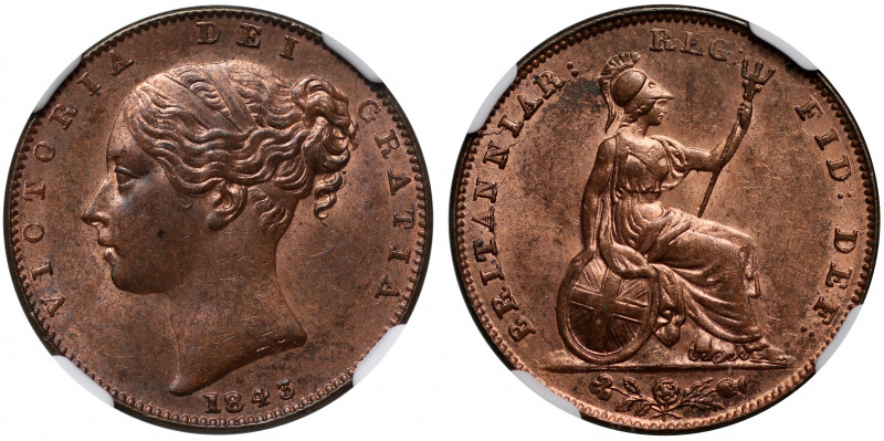 MS64 RB | Victoria (1837-1901), copper Farthing, 1843, Arabic 1 in date, young h...