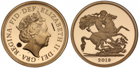 PF70 UCAM | Elizabeth II (1952 -), official Royal Mint unique trial piece, gold proof Five Pounds, 2019, crowned head right, JC initials below for des...