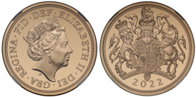 PF70 UCAM FDOI | Elizabeth II (1952 -), gold proof Five Pounds, 2022, crowned head right, JC initials below for designer Jody Clark, Latin legend and ...