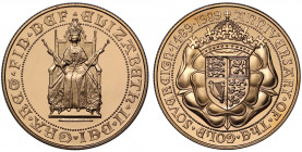 PF70 UCAM | Elizabeth II (1952 -), gold proof Two Pounds, 1989, struck for the 500th anniversary of the Sovereign, Queen enthroned facing, seated in K...