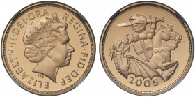 PF69 UCAM | Elizabeth II (1952 -), gold proof Sovereign, 2005, crowned head right, IRB initials below for designer Ian Rank-Broadley, Latin legend and...