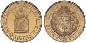 PF69 UCAM | Elizabeth II (1952 -), gold proof Half Sovereign, 1989, struck for the 500th Anniversary of the Sovereign, Queen enthroned facing, seated ...