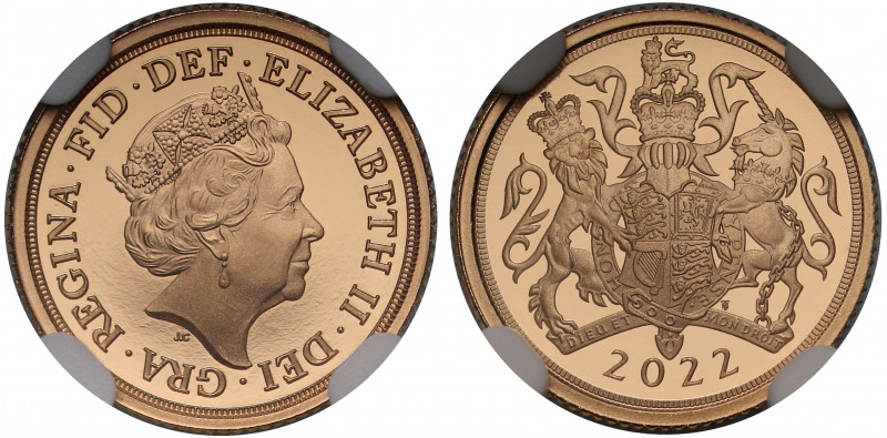 PF70 UCAM FDOI | Elizabeth II (1952 -), gold proof Quarter Sovereign, 2022, crow...