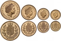 Elizabeth II (1952 -), gold 4-coin proof set, 2002, Five Pounds, Two Pounds, Sovereign, Half Sovereign, crowned head right, IRB initials below for des...