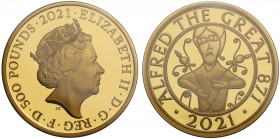 PF70 UCAM FDOI | Elizabeth II (1952 -), gold proof Five Ounces of Five Hundred Pounds, 2021, 5 Ounces of 999.9 fine gold, struck to celebrate 1,150 ye...