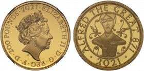 PF70 UCAM FDOI | Elizabeth II (1952 -), gold proof Two Ounces of Two Hundred Pounds, 2021, 2 Ounces of 999.9 fine gold, struck to celebrate 1,150 Year...