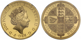PF70 UCAM FR | Elizabeth II (1952 -), gold proof Two Ounces of Two Hundred Pounds, 2021, 2 Ounces of 999.9 Fine Gold, from the Great Engravers series,...