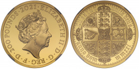 PF70 UCAM FR | Elizabeth II (1952 -), gold proof Plain Edge Two Ounces of Two Hundred Pounds, 2021, struck in 999.9 fine gold, from the Great Engraver...