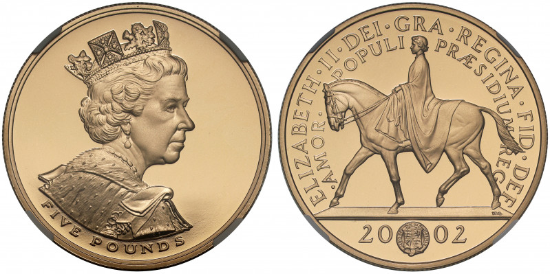 PF70 UCAM | Elizabeth II (1952 -), gold proof Five Pounds, 2002, struck to comme...