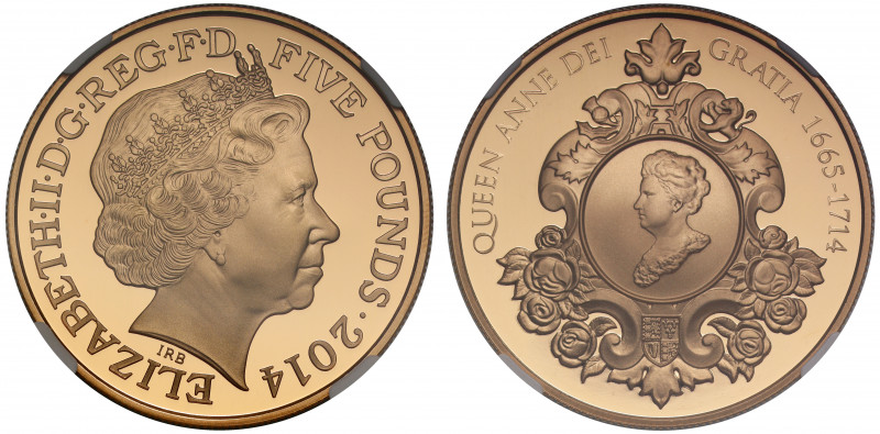 PF70 UCAM | Elizabeth II (1952 -), gold proof Five Pounds, 2014, struck to comme...