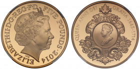PF70 UCAM | Elizabeth II (1952 -), gold proof Five Pounds, 2014, struck to commemorate 300 years since the Death of Queen Anne, crowned bust right, IR...
