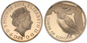 PF70 UCAM | Elizabeth II (1952 -), gold proof Five Pounds, 2019, in the Tower of London Series, Legends of the Ravens, crowned head right, JC initials...