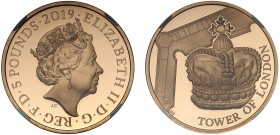 PF70 UCAM | Elizabeth II (1952 -), gold proof Five Pounds, 2019, in the Tower of London Series, The Crown Jewels, crowned head right, JC initials belo...