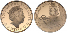 PF70 UCAM | Elizabeth II (1952 -), gold proof Five Pounds, 2019, in the Tower of London Series, The Ceremony of the Keys, crowned head right, JC initi...