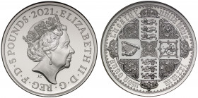 PF70 UCAM FDOI | Elizabeth II (1952 -), silver proof Two Ounces of Five Pounds, 2021, 5 Ounces of fine silver, from the Great Engravers series, commem...