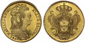 Brazil, Maria I (1786-1805), gold Peca of 6,400 Reis, 1800, R mint mark for Rio de Janeiro, bust with veil right, date and mint letter below, legend a...