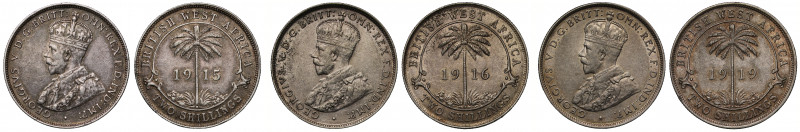 British West Africa, George V (1910-36), silver Two Shillings (3), Heaton mint, ...