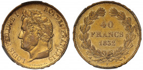 AU50 | France, Second Kingdom, Louis Philippe (1830-1848), gold 40-Francs, 1832-B, Rouen Mint, laureate head left, rev. value and date within wreath (...