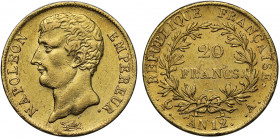 France, Napoléon I, First Consul (1799-1804), gold 20-Francs, AN 12-A (1803/4), Paris mint, laureate head left, DROZ F. on truncation, NAPOLEON EMPERE...