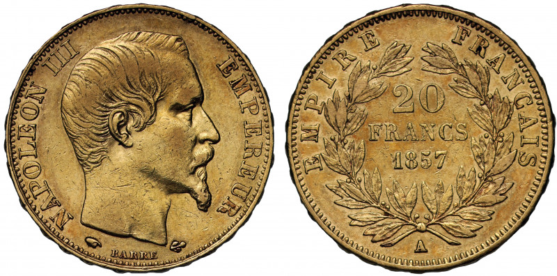 France, Second Kingdom, Napoléon III (1852-70), gold 20-Francs, 1857-A, Paris mi...