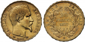 France, Second Kingdom, Napoléon III (1852-70), gold 20-Francs, 1857-A, Paris mint, bare head right, BARRE below, NAPOLEON III EMPEREUR, rev. denomina...