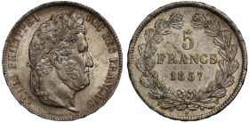 AU Details | France, Second Kingdom, Louis Philippe I (1830-1848), silver 5-Francs, 1837 W, Lille, LOUIS PHILPPE I ROI DES FRANCAIS, bust right, rev. ...