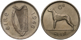 MS65 | Ireland, Republic, Sixpence, 1946, harp dividing legend and date, éire, rev. Irish wolfhound left, value above, 4.55g (S.6636). Lustrous, grade...