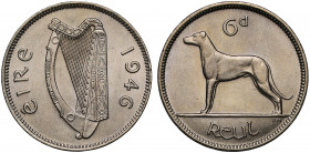 MS64 | Ireland, Republic, Sixpence, 1946, harp dividing legend and date, éire, rev. Irish wolfhound left, value above, 4.53g (S.6636). Lustrous, grade...